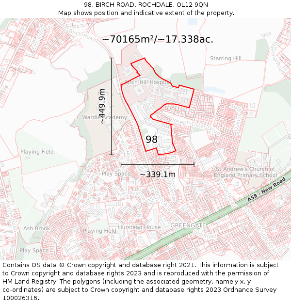 98, BIRCH ROAD, ROCHDALE, OL12 9QN: Plot and title map