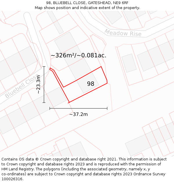 98, BLUEBELL CLOSE, GATESHEAD, NE9 6RF: Plot and title map