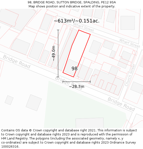 98, BRIDGE ROAD, SUTTON BRIDGE, SPALDING, PE12 9SA: Plot and title map