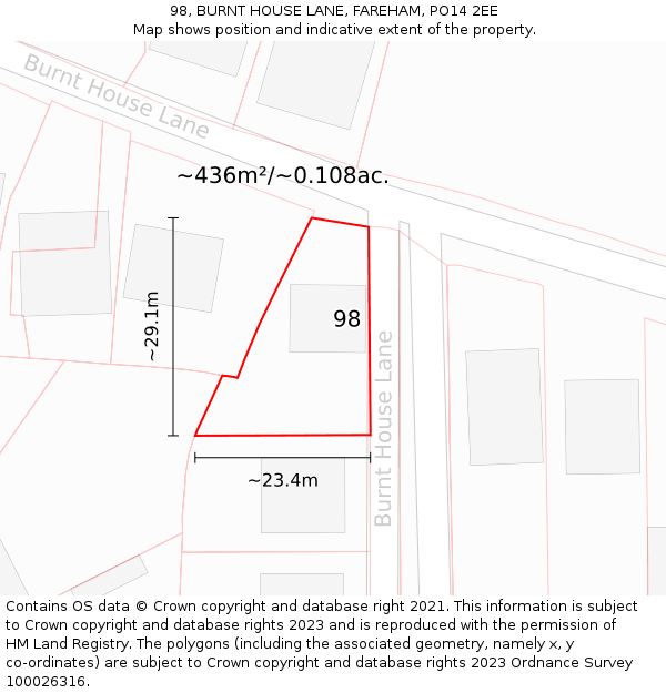 98, BURNT HOUSE LANE, FAREHAM, PO14 2EE: Plot and title map