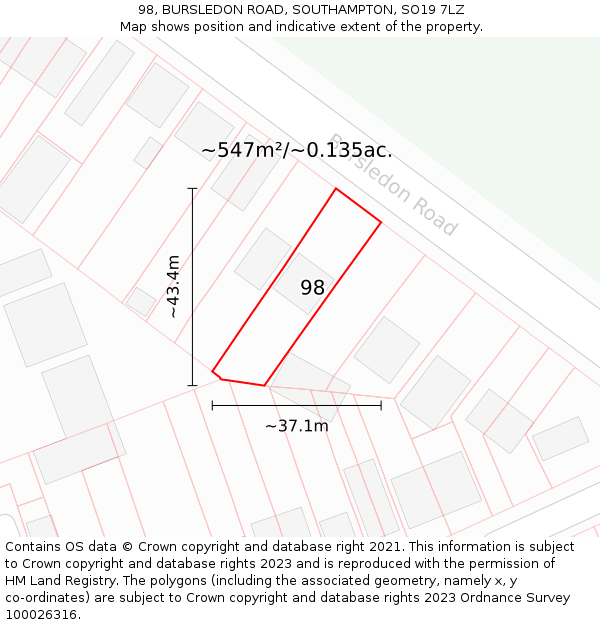 98, BURSLEDON ROAD, SOUTHAMPTON, SO19 7LZ: Plot and title map