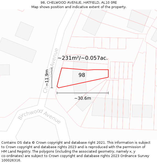 98, CHELWOOD AVENUE, HATFIELD, AL10 0RE: Plot and title map