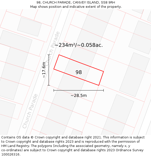 98, CHURCH PARADE, CANVEY ISLAND, SS8 9RH: Plot and title map