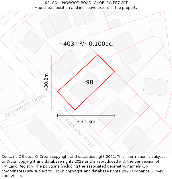 98, COLLINGWOOD ROAD, CHORLEY, PR7 2PT: Plot and title map