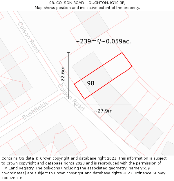 98, COLSON ROAD, LOUGHTON, IG10 3RJ: Plot and title map