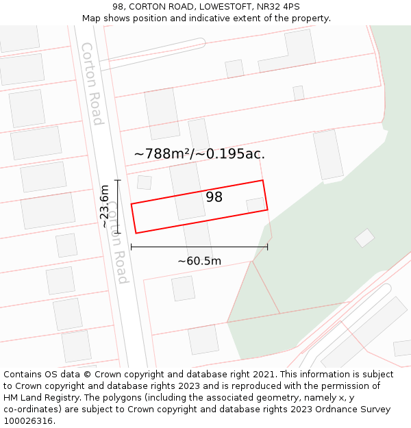 98, CORTON ROAD, LOWESTOFT, NR32 4PS: Plot and title map