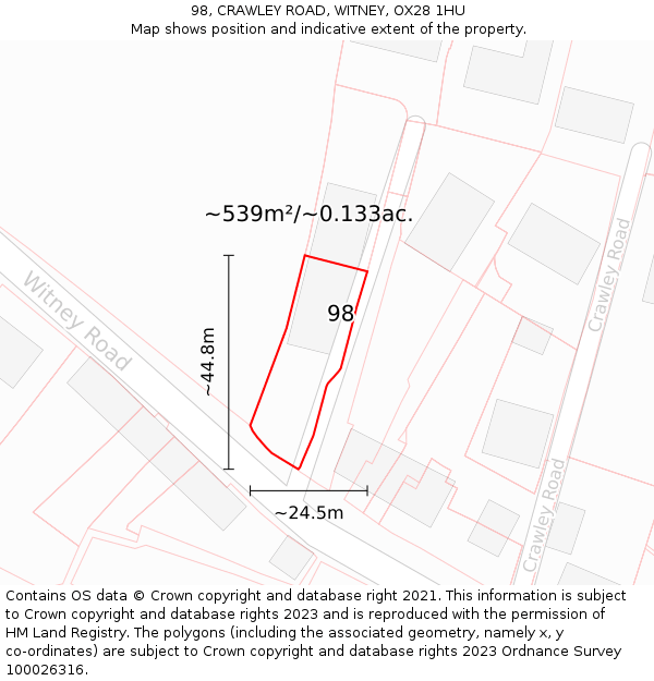 98, CRAWLEY ROAD, WITNEY, OX28 1HU: Plot and title map