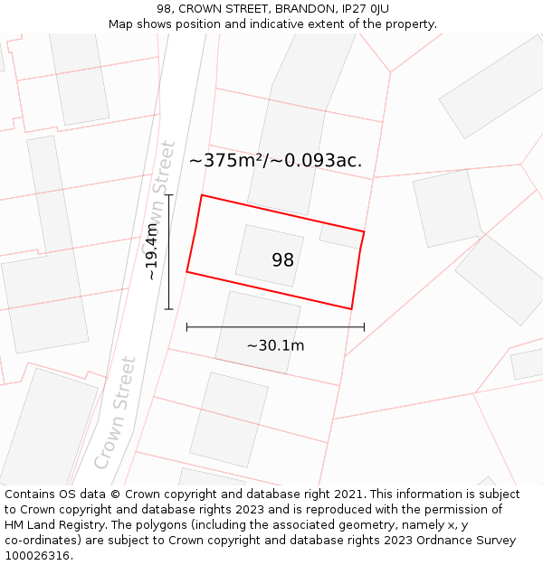 98, CROWN STREET, BRANDON, IP27 0JU: Plot and title map
