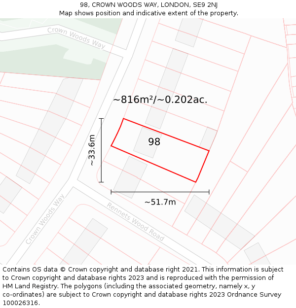 98, CROWN WOODS WAY, LONDON, SE9 2NJ: Plot and title map