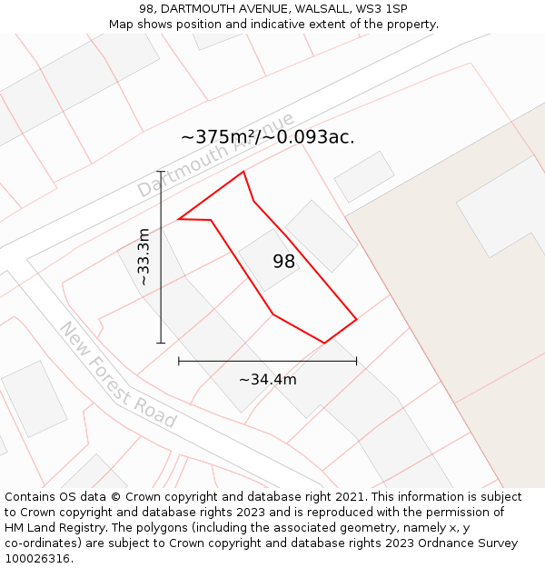 98, DARTMOUTH AVENUE, WALSALL, WS3 1SP: Plot and title map