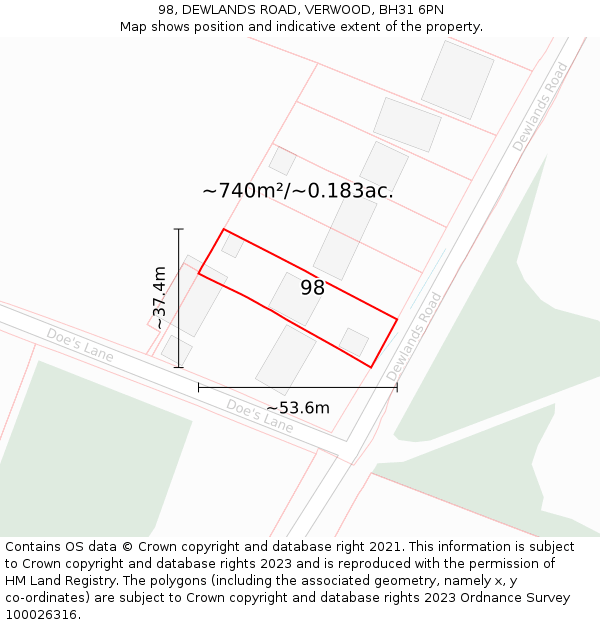 98, DEWLANDS ROAD, VERWOOD, BH31 6PN: Plot and title map