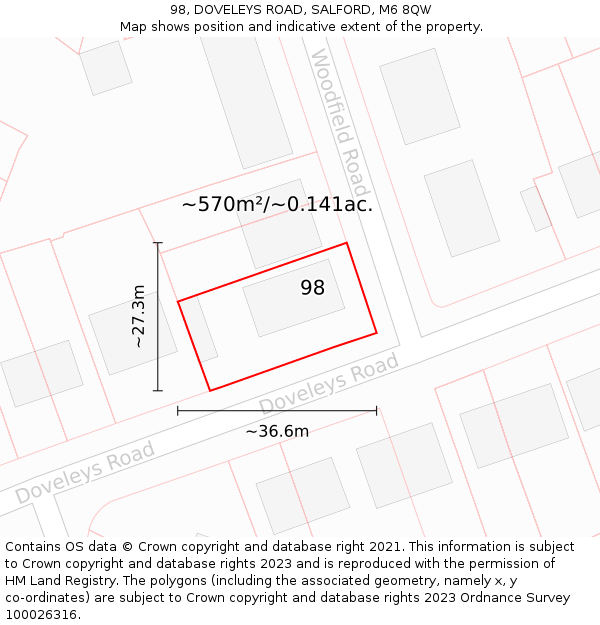 98, DOVELEYS ROAD, SALFORD, M6 8QW: Plot and title map