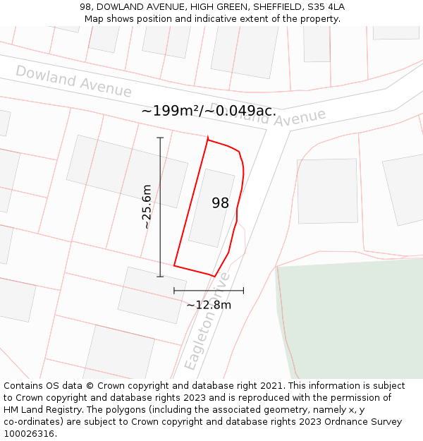 98, DOWLAND AVENUE, HIGH GREEN, SHEFFIELD, S35 4LA: Plot and title map