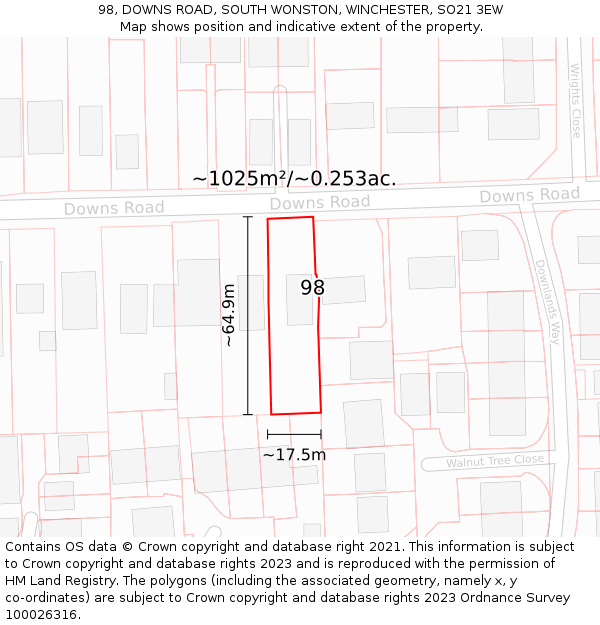 98, DOWNS ROAD, SOUTH WONSTON, WINCHESTER, SO21 3EW: Plot and title map