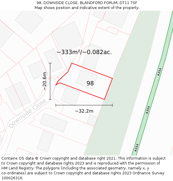 98, DOWNSIDE CLOSE, BLANDFORD FORUM, DT11 7SF: Plot and title map