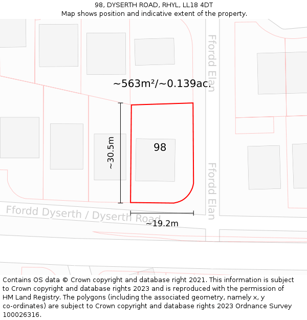 98, DYSERTH ROAD, RHYL, LL18 4DT: Plot and title map