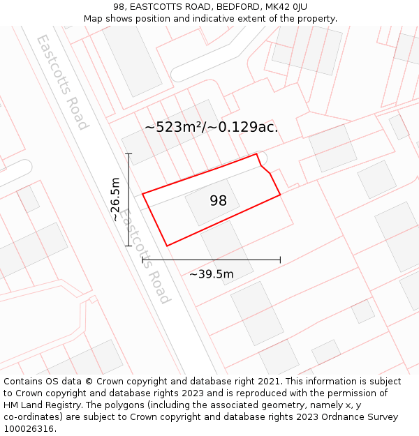 98, EASTCOTTS ROAD, BEDFORD, MK42 0JU: Plot and title map