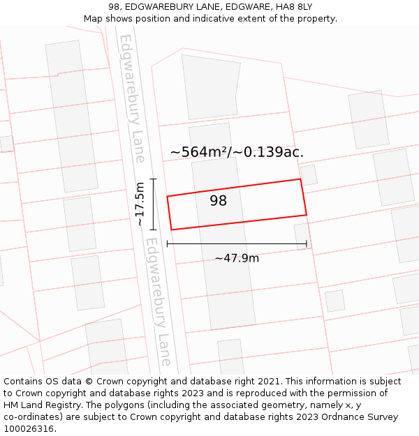 98, EDGWAREBURY LANE, EDGWARE, HA8 8LY: Plot and title map