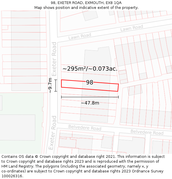 98, EXETER ROAD, EXMOUTH, EX8 1QA: Plot and title map