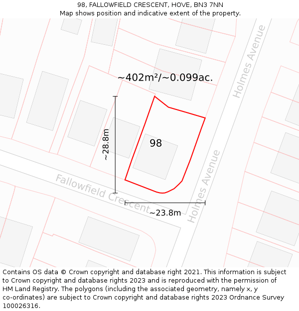 98, FALLOWFIELD CRESCENT, HOVE, BN3 7NN: Plot and title map