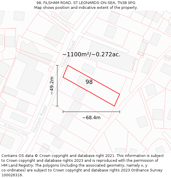 98, FILSHAM ROAD, ST LEONARDS-ON-SEA, TN38 0PG: Plot and title map