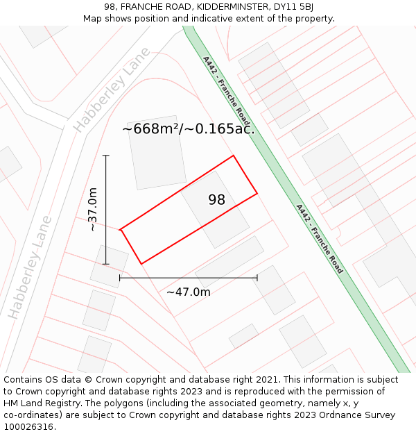 98, FRANCHE ROAD, KIDDERMINSTER, DY11 5BJ: Plot and title map