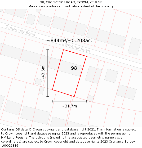 98, GROSVENOR ROAD, EPSOM, KT18 6JB: Plot and title map