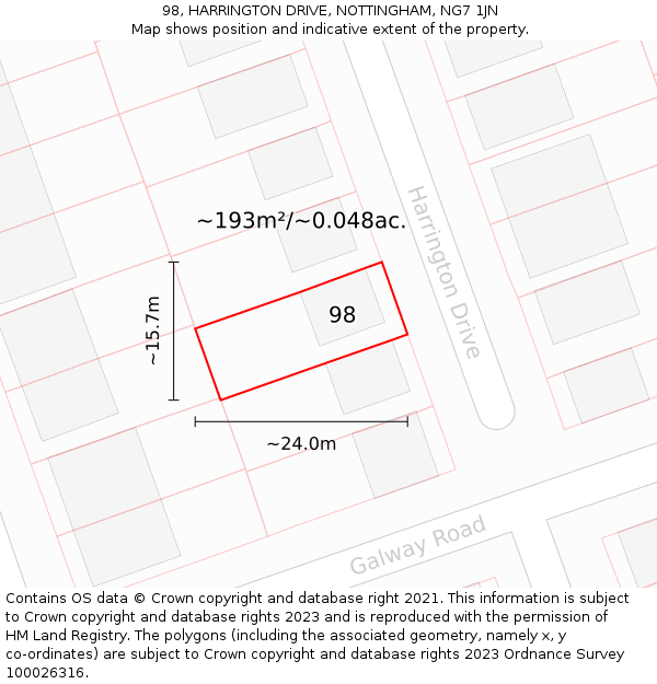 98, HARRINGTON DRIVE, NOTTINGHAM, NG7 1JN: Plot and title map