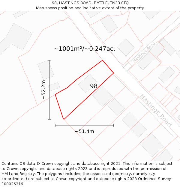 98, HASTINGS ROAD, BATTLE, TN33 0TQ: Plot and title map