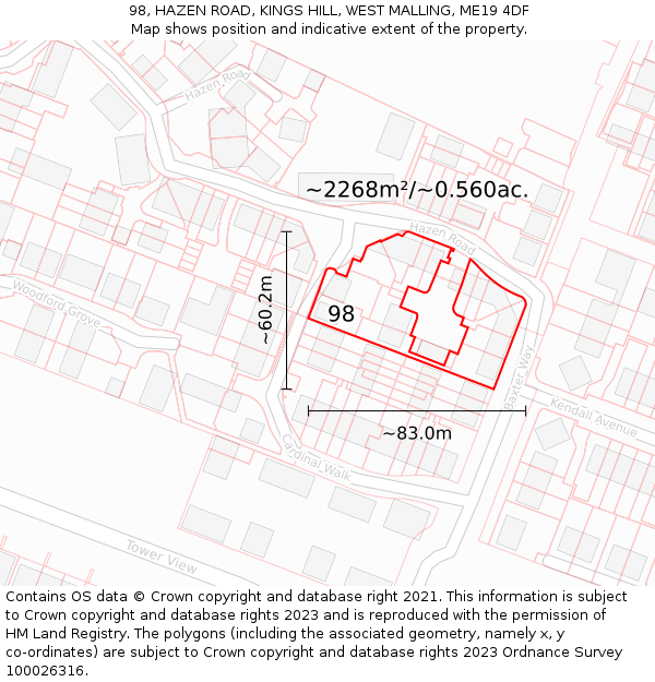 98, HAZEN ROAD, KINGS HILL, WEST MALLING, ME19 4DF: Plot and title map