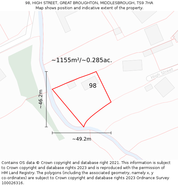 98, HIGH STREET, GREAT BROUGHTON, MIDDLESBROUGH, TS9 7HA: Plot and title map