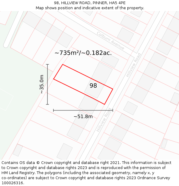 98, HILLVIEW ROAD, PINNER, HA5 4PE: Plot and title map
