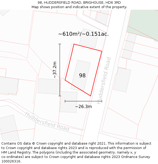 98, HUDDERSFIELD ROAD, BRIGHOUSE, HD6 3RD: Plot and title map