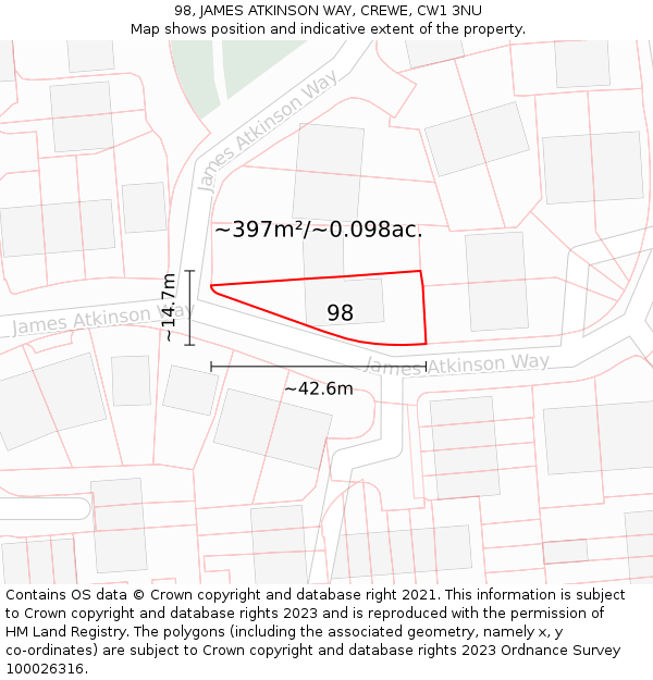 98, JAMES ATKINSON WAY, CREWE, CW1 3NU: Plot and title map