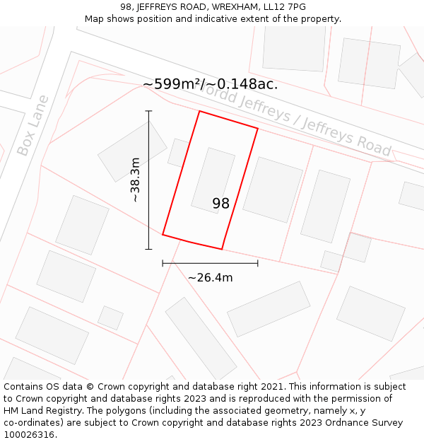 98, JEFFREYS ROAD, WREXHAM, LL12 7PG: Plot and title map