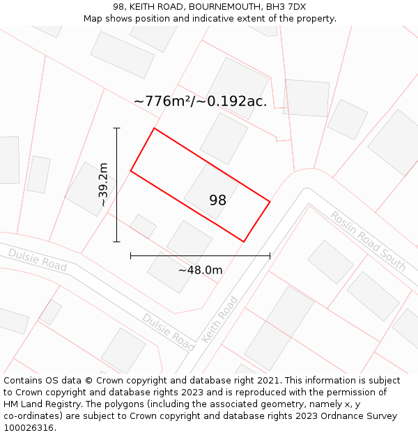 98, KEITH ROAD, BOURNEMOUTH, BH3 7DX: Plot and title map
