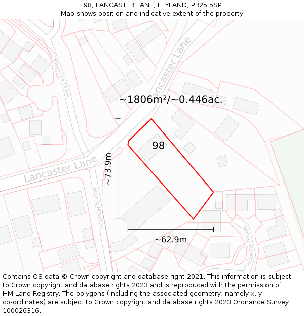 98, LANCASTER LANE, LEYLAND, PR25 5SP: Plot and title map