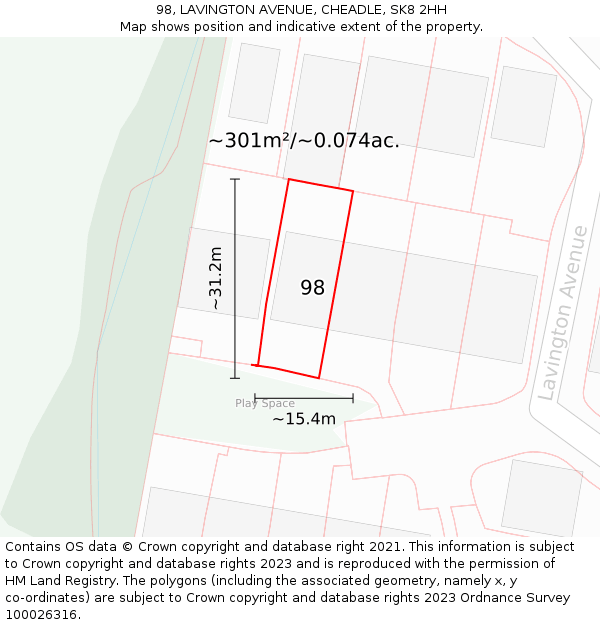 98, LAVINGTON AVENUE, CHEADLE, SK8 2HH: Plot and title map