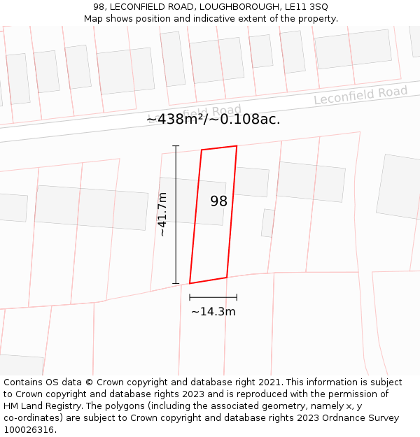 98, LECONFIELD ROAD, LOUGHBOROUGH, LE11 3SQ: Plot and title map