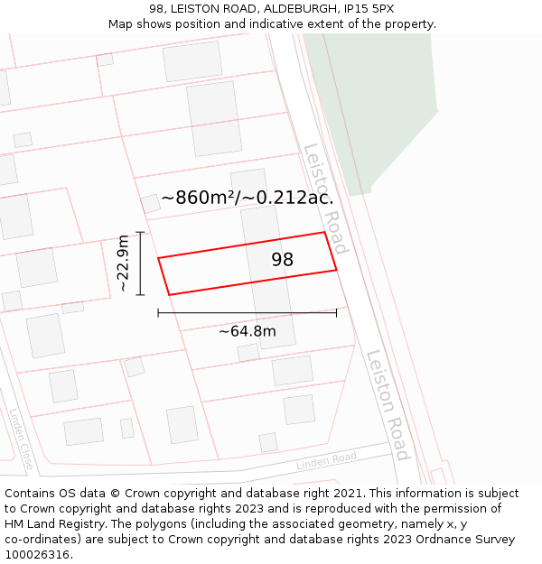 98, LEISTON ROAD, ALDEBURGH, IP15 5PX: Plot and title map
