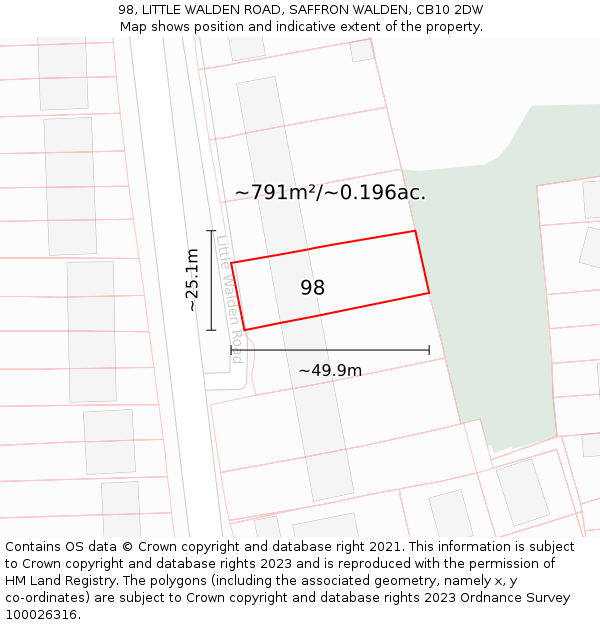 98, LITTLE WALDEN ROAD, SAFFRON WALDEN, CB10 2DW: Plot and title map