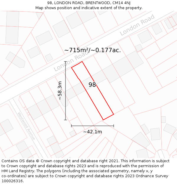 98, LONDON ROAD, BRENTWOOD, CM14 4NJ: Plot and title map
