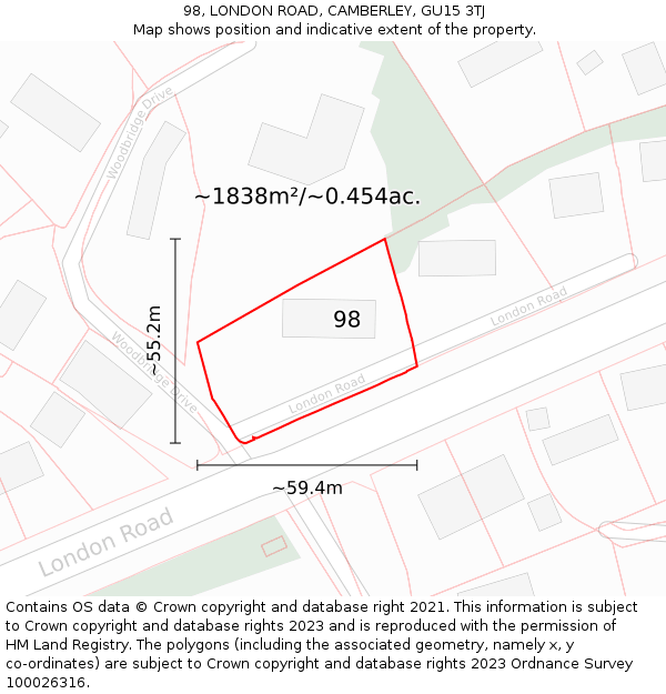 98, LONDON ROAD, CAMBERLEY, GU15 3TJ: Plot and title map