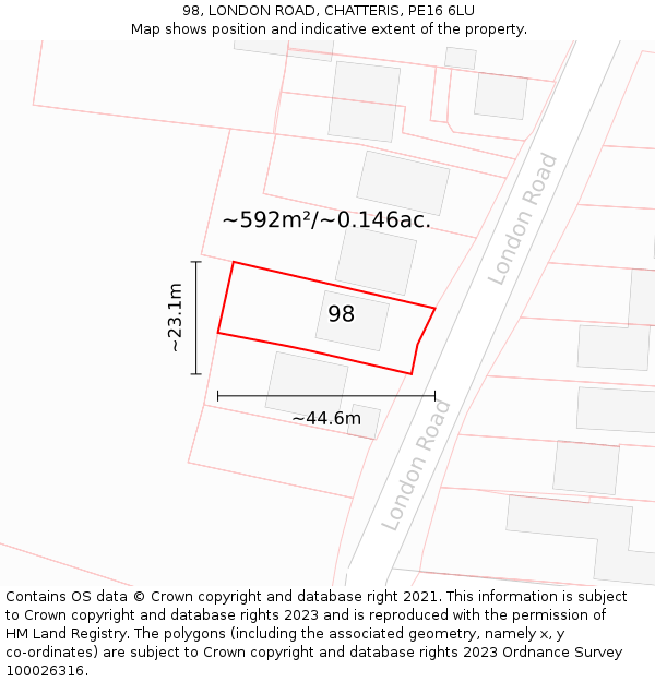 98, LONDON ROAD, CHATTERIS, PE16 6LU: Plot and title map