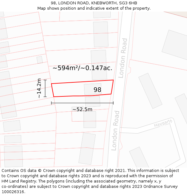 98, LONDON ROAD, KNEBWORTH, SG3 6HB: Plot and title map