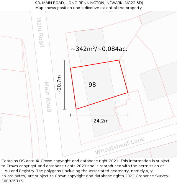 98, MAIN ROAD, LONG BENNINGTON, NEWARK, NG23 5DJ: Plot and title map