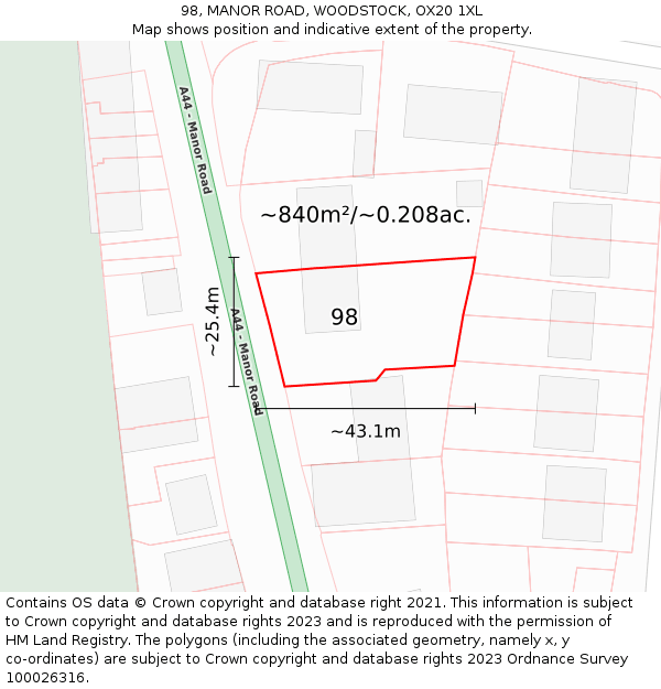 98, MANOR ROAD, WOODSTOCK, OX20 1XL: Plot and title map