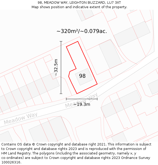 98, MEADOW WAY, LEIGHTON BUZZARD, LU7 3XT: Plot and title map