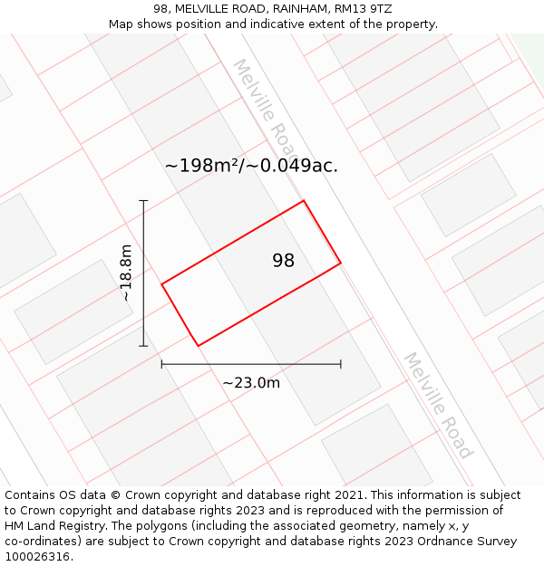 98, MELVILLE ROAD, RAINHAM, RM13 9TZ: Plot and title map