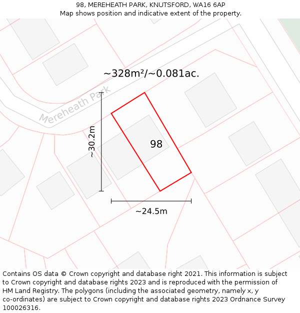 98, MEREHEATH PARK, KNUTSFORD, WA16 6AP: Plot and title map